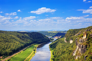 Beautiful landscape - view from the Elbe Sandstone Mountains to the Elbe River valley near the...