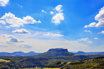 Beautiful landscape - view of the Elbe Sandstone Mountains and the Elbe River valley near the...