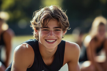 Young person smiling outdoors in athletic wear, with a blurred background. Concept of youth and joy. For youth lifestyle photo.