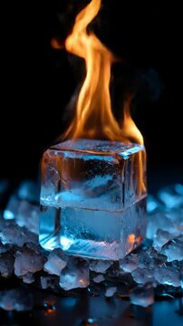 Burning Ice Cube with Fire Flame &mdash; Surreal Contrast Concept
