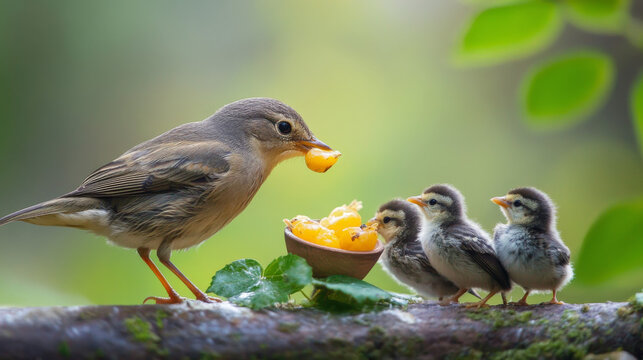 A mother bird serves breakfast to her chicks in a heartwarming wildlife moment. 
