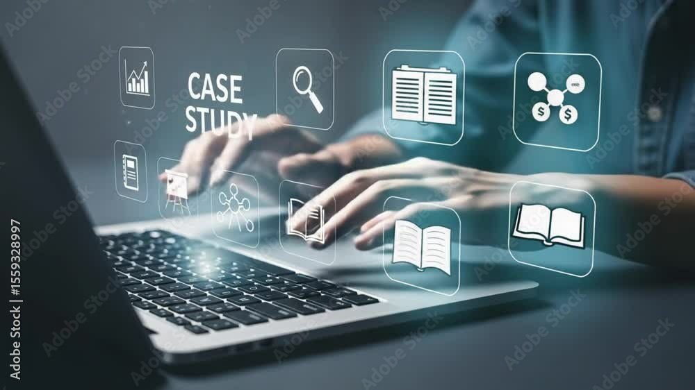 Leinwandbilder person typing on a laptop with case study icons displayed above the keyboard and their hands visible