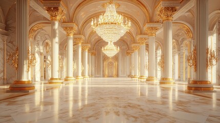 Grand hall with ornate columns and crystal chandeliers.