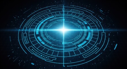 Obraz premium A glowing blue circular technology design creates a futuristic abstract background with radiating light