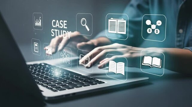 Person typing on a laptop with case study icons displayed above the keyboard and their hands visible