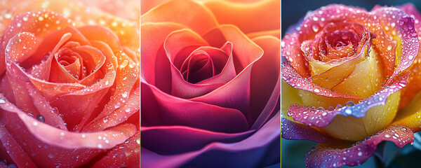 Rainbow Rose Trio: A captivating array of vibrant rose blossoms, each petal adorned with glistening dewdrops, showcasing a spectrum of colors that evoke emotions of love, beauty.