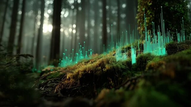 Digital vernetzter Wald mit gr&uuml;nen Datenimpulsen als Zukunftsvision der Umwelt&uuml;berwachung. K&uuml;nstliche Intelligenz KI