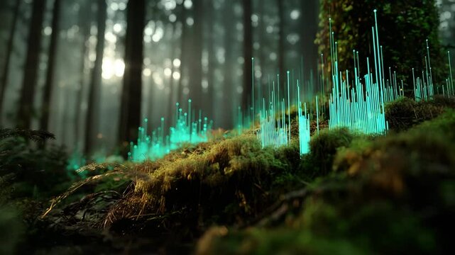 Digital vernetzter Wald mit gr&uuml;nen Datenimpulsen als Zukunftsvision der Umwelt&uuml;berwachung. K&uuml;nstliche Intelligenz KI