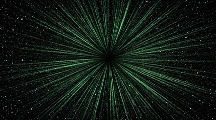 Obraz premium Green light rays emanating from a central point in a dark space.