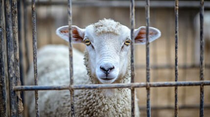  an Arab sheep stands in a livestock enclosure alongside goats and lambs. 