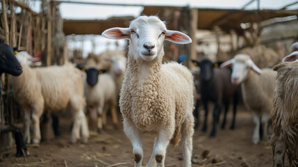 Obraz premium an Arab sheep stands in a livestock enclosure alongside goats and lambs. 