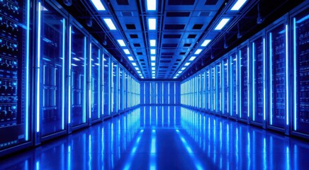 Modern server room with blue neon lights and reflective floor