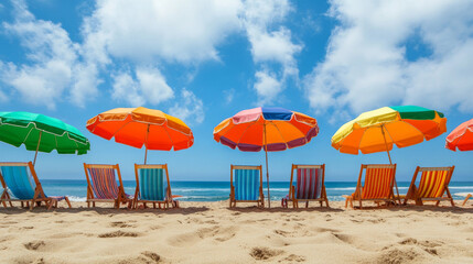 Colorful beach umbrellas evoke a classic California summer vibe. 