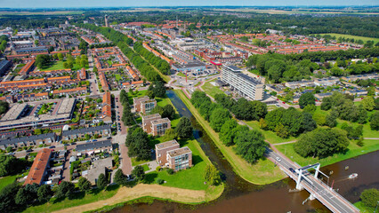 Aerial panorama view of the city Emmeloord in the Netherlands on a sunny morning in summer