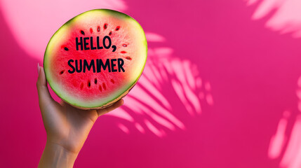 Hand holds a slice of watermelon with the greeting "HELLO, SUMMER" on a vibrant pink background. 