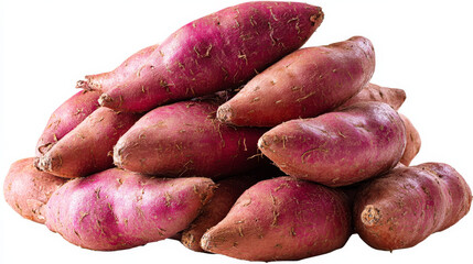 Japanese sweet potatoes stacked in a pile, isolated on a white background. 