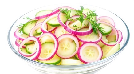 Fresh cucumber and red onion salad with dill garnish in glass bowl