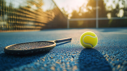 Sunny outdoor padel court scene featuring a paddle racket and ball, inviting players to this trending global sport. 