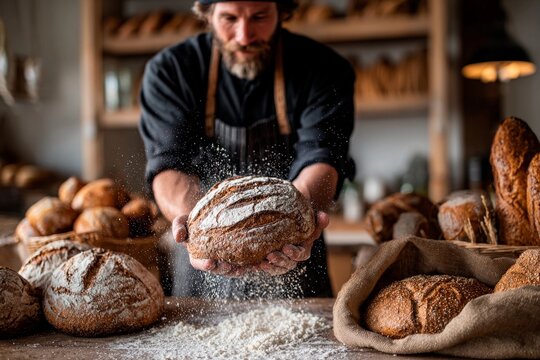A skilled baker shapes a round loaf of artisan bread in a cozy bakery filled with various loaves. The warm light highlights the texture of the dough and surrounding baked goods - Powered by Adobe