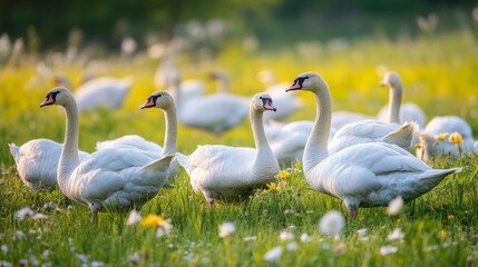 Obraz premium White swan geese graze peacefully in a green meadow, enjoying a sunny day outdoors. 