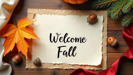 Flat lay with welcome fall note surrounded by autumn leaves, acorns, pine greenery, and warm colors, evoking cozy seasonal vibes and Thanksgiving celebration atmosphere