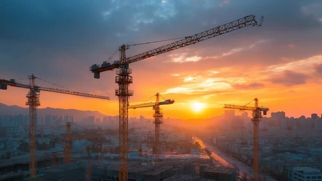 Silhouetten von Baukr&auml;nen im Abendlicht &uuml;ber wachsender Metropole. K&uuml;nstliche Intelligenz KI