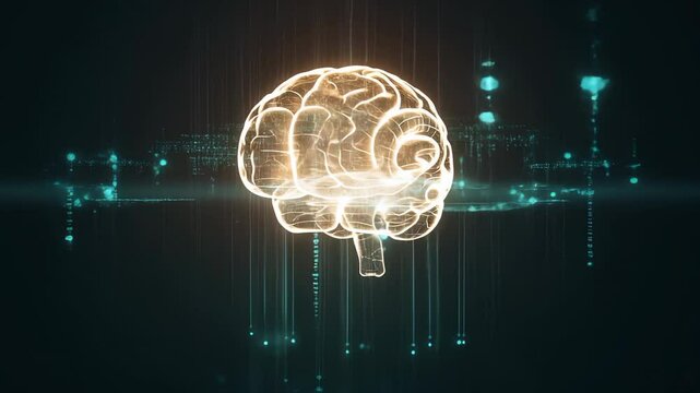 A glowing digital brain in a futuristic virtual environment showcasing technology advancements cinematic quality vibrant colors smooth motion stunning visuals