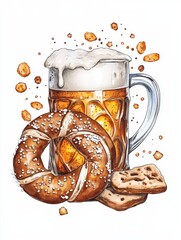 A frothy mug of beer accompanied by a salted pretzel and crunchy crackers with scattered crumbs.