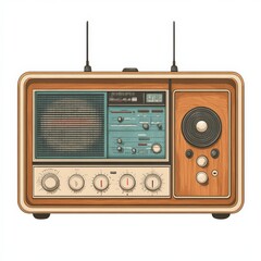Fototapeta premium Vintage wooden radio with dials, speaker, and dual antennas, showcasing a retro design for AM/FM listening.