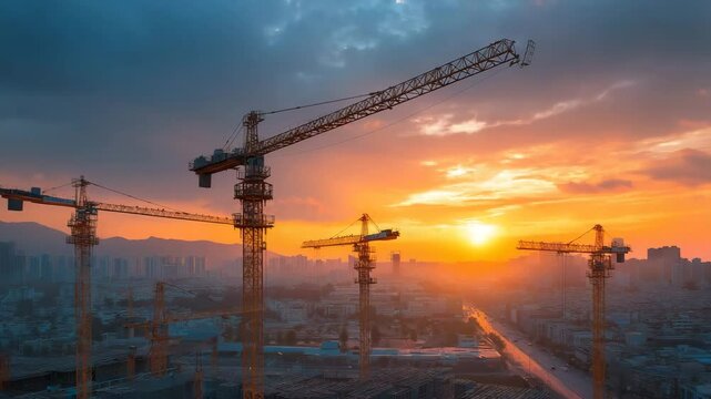 Turmdrehkr&auml;ne im Gegenlicht &uuml;ber urbanem Horizont. K&uuml;nstliche Intelligenz KI