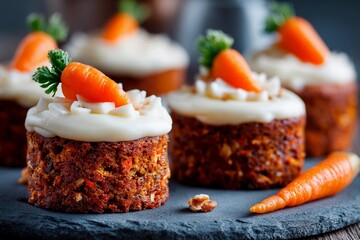 Carrot cake cupcakes are arranged on a dark stone surface, topped with cream cheese frosting and garnished with small carrots and green leaves. Their rich texture and vibrant color invite tasting