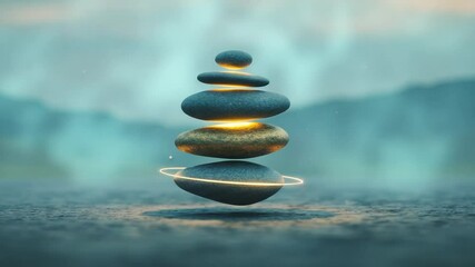 Stacked stones glowing in serene landscape background