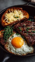 A delicious breakfast featuring a juicy steak, sunny-side-up egg, and cheesy toast garnished with fresh herbs.