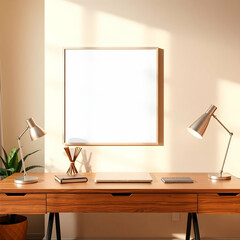 Modern desk setup with framed artwork and lamps wooden desk