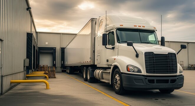 Freight truck delivery at warehouse loading dock for logistics and transportation industry service needs