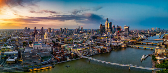 Panoramic aerial view of the City of London skyline with St. Pauls Cathedra, River Thames and the...