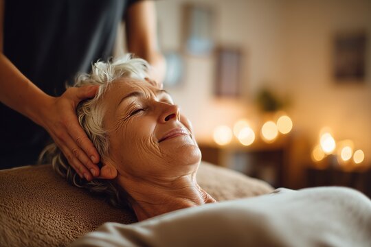 An older woman experiences tranquility as she receives a soothing massage in a warmly lit, peaceful spa environment.