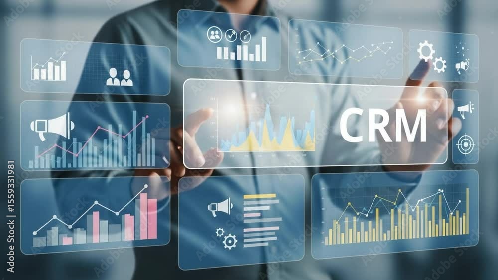 Poster Person interacting with a digital interface displaying crm and various data visualizations