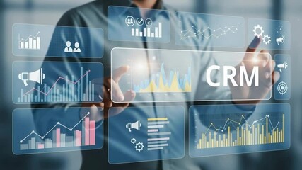 Person interacting with a digital interface displaying crm and various data visualizations - Powered by Adobe