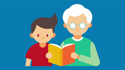 Obraz premium An elderly person and a child reading a book together demonstrating the importance of literacy and bonding.. Vector illustration