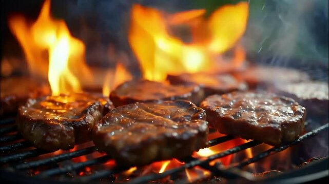 close-up shot of summer BBQ barbecue thick beef steaks sizzling on a flaming grill, smoke rising in swirls as fat drips onto the coals, creating a mouthwatering summer BBQ atmosphere.