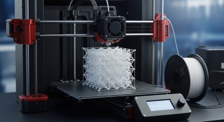 3D printer with a printed object made of plastic - triply periodic surface, on the background of additive manufacturing and modernity