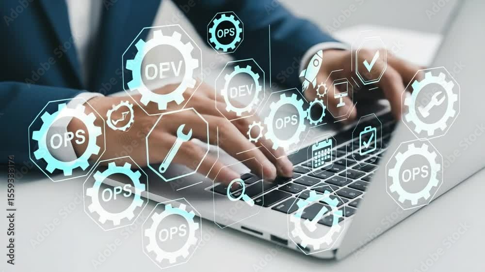 Aufkleber Person typing on a laptop with devops icons overlayed on the keyboard and hands in the foreground