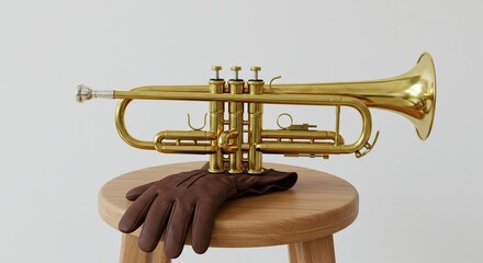 Fototapeta premium Brass Trumpet Resting On A Brown Leather Glove On A Wooden Stool