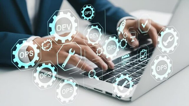 Person typing on a laptop with devops icons overlayed on the keyboard and hands in the foreground