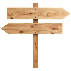 A wooden signpost with two blank direction arrows, one pointing right and the other left, isolated on a transparent background.
