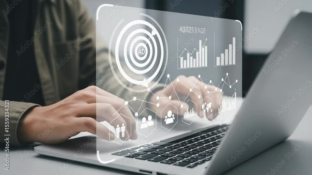 Poster person typing on a laptop with digital marketing graphics overlaying the screen and hands visible