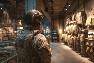 Obraz premium Soldier wearing tactical helmet and vest shopping for military gear