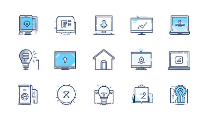 Collection of modern outline icons representing technology, business, and creative concepts like computers and ideas.
