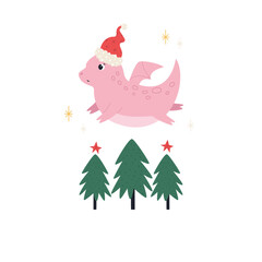 Cute Holiday Dragon Flying in Santa Hat.